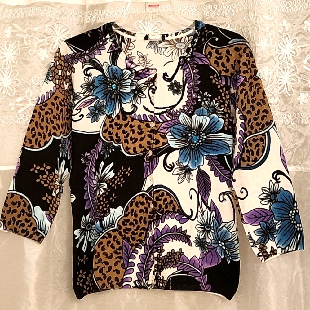 Floral & Leopard Cardigan with Sequins & Beads, 3/4 Sleeve, M